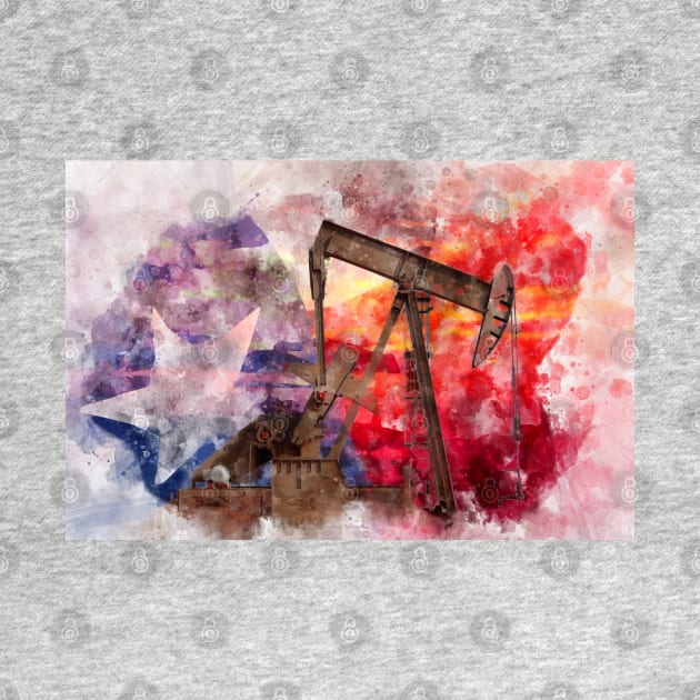 Texan Pumpjack with Texas Flag watercolor by SPJE Illustration Photography